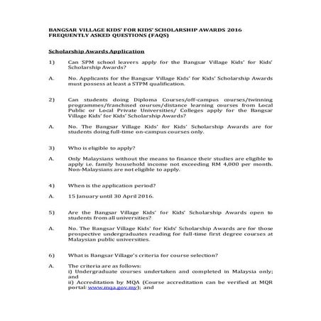 2016 Bangsar Village Kids for Kids Scholarship: FAQ