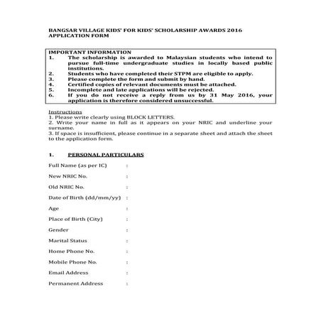 2016 Bangsar Village Kids for Kids Scholarship: Application Form
