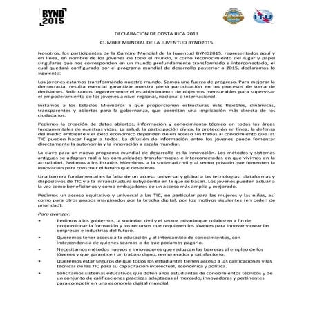 Declaración de la Cumbre Mundial de la Juventud en  Costa Rica