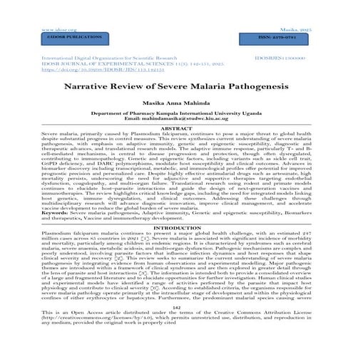 Narrative Review of Severe Malaria Pathogenesis (www.kiu.ac.ug)