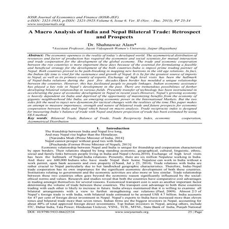 A Macro Analysis of India and Nepal Bilateral Trade: Retrospect and Prospects