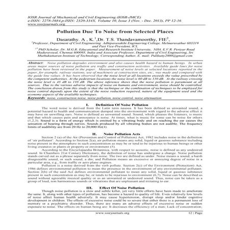 Pollution Due To Noise from Selected Places