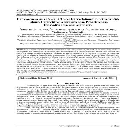 Entrepreneur as a Career Choice: Interrelationship between Risk Taking, Compe...