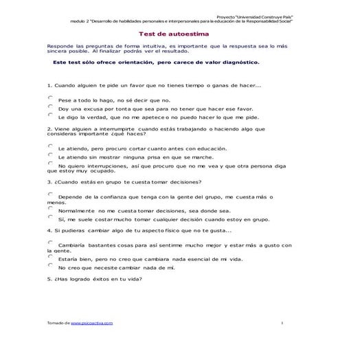 Test de autoestima para adolescentes | DOCX