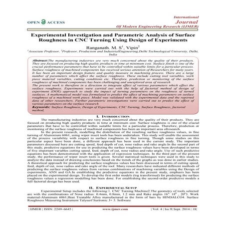 Experimental Investigation and Parametric Analysis of Surface  Roughness in C...