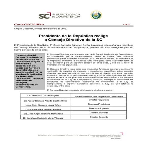 C.04-16 Presidente de la República reelige a Consejo Directivo de la SC