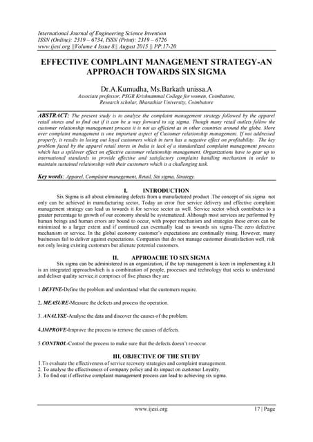 Effective Complaint Management Strategy An Approach Towards Six Sigma Pdf Effective Complaint Management Strategy An Approach Towards Six Sigma Pdf