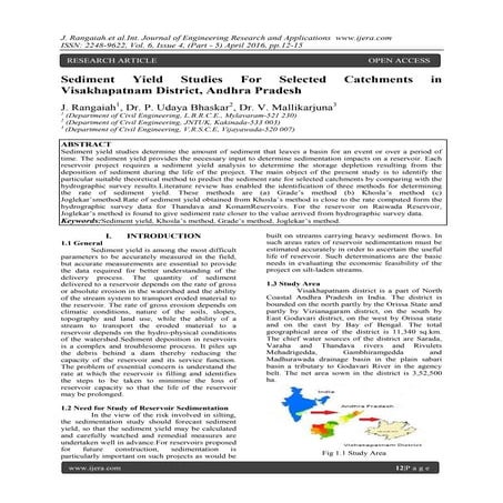 Sediment Yield Studies For Selected Catchments in Visakhapatnam District, And...