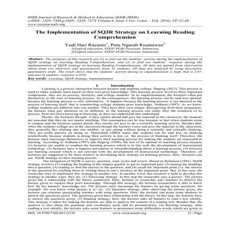 The Implementation of SQ3R Strategy on Learning Reading Comprehension