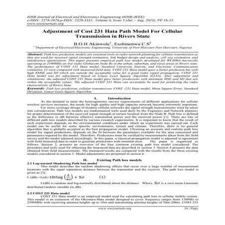 Adjustment of Cost 231 Hata Path Model For Cellular Transmission in Rivers State