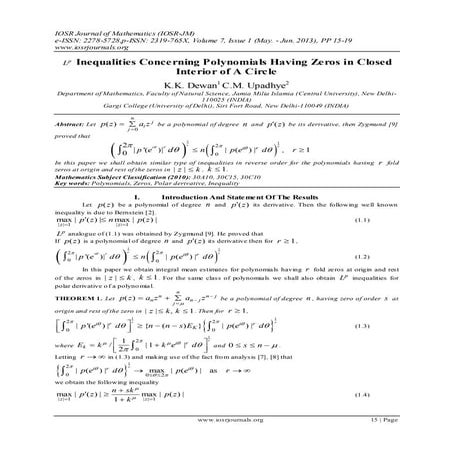 L Inequalities Concerning Polynomials Having Zeros in Closed Interior of A Ci...