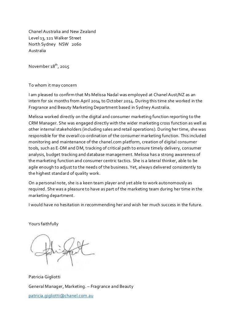 recommendation letter chanel sydney letter of recommendation linkedin