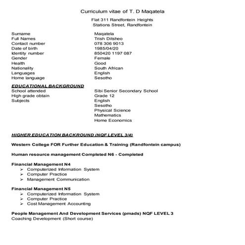 CV OF TD MAQATELA..