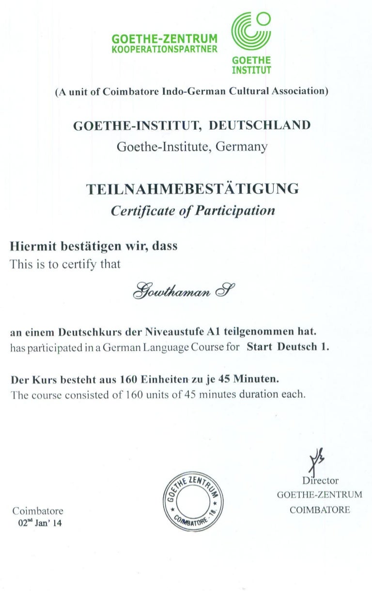 Goethe Institut Level A1 Participation Certificate