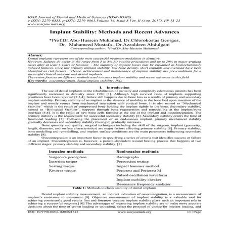 Implant Stability: Methods and Recent Advances | PDF