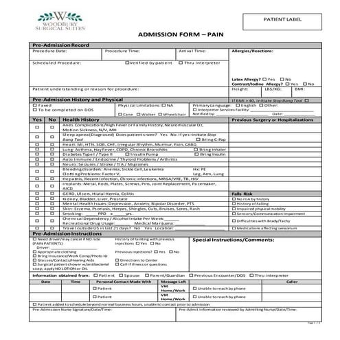 Admission Form - Pain