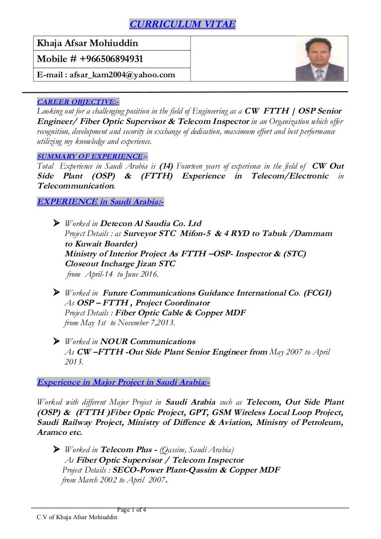 Afsar Cw Ftth Osp Senior Engineer Resume