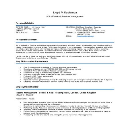Lloyd Kashimba CV for 2016