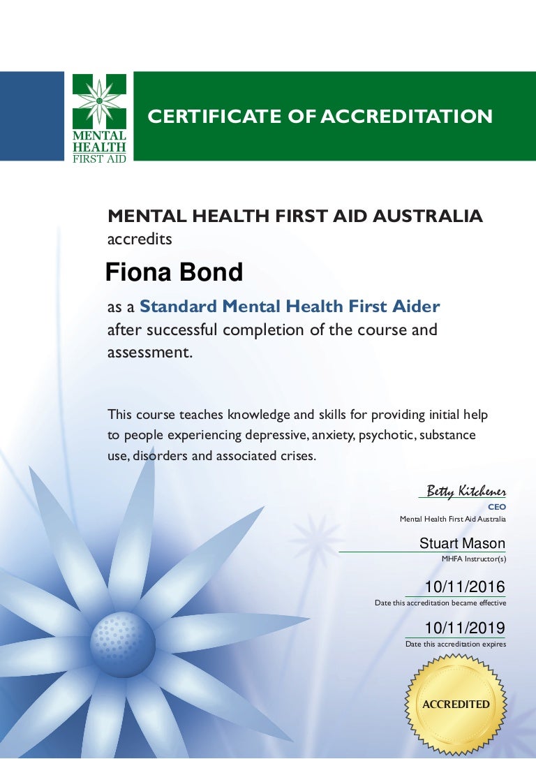 Mental Health First Aid certificate comfirming accreditation Nov