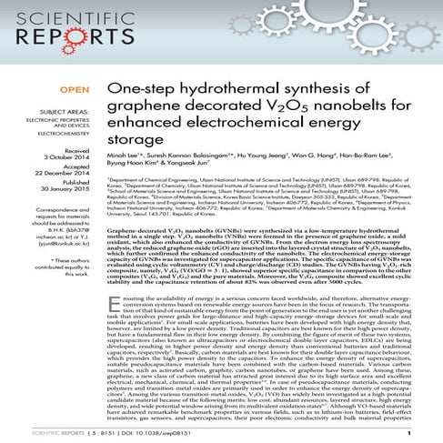 One-step hydrothermal synthesis of graphene decorated V2O5 nanobelts for enha...