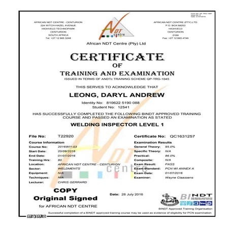 CERTIFICATE OF TRAINING AND EXAMINATION