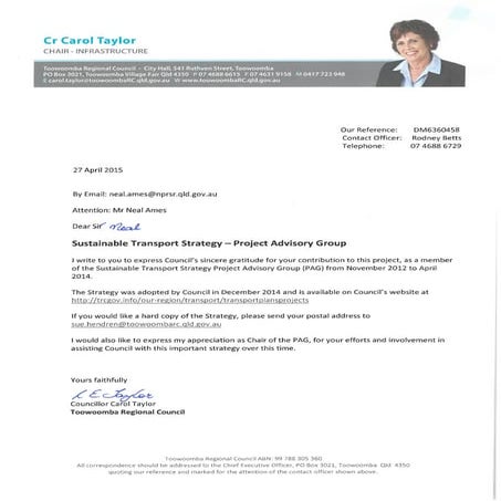 Toowoomba Regional Council Sustainable Transport Project Advisory Group Comme...