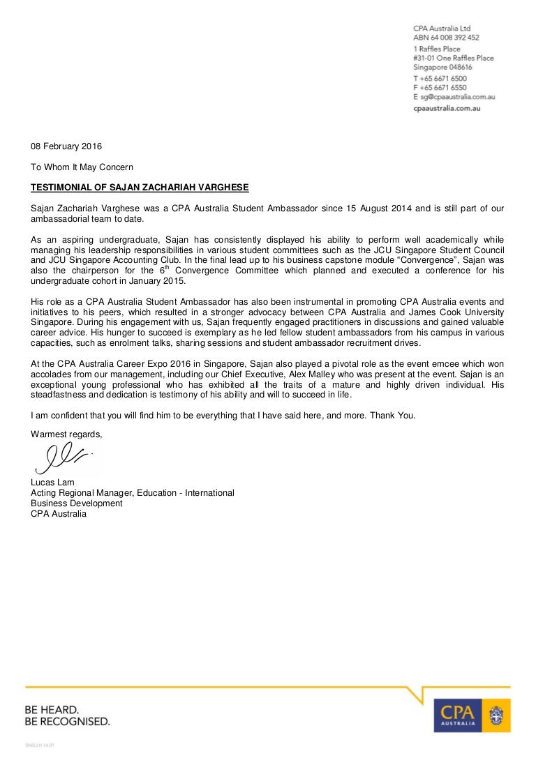 ambassador recommendation letter from