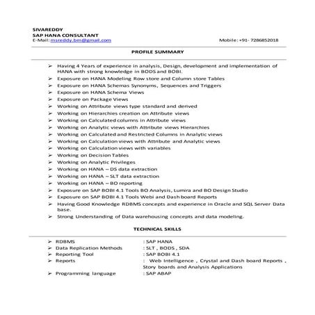 sap hana resume