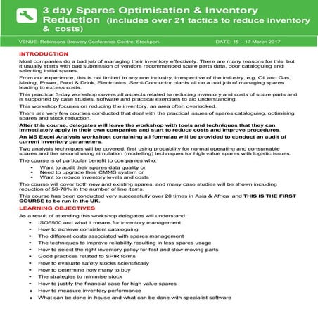 C3 3 day spares optimisation rationalisation 2017 01