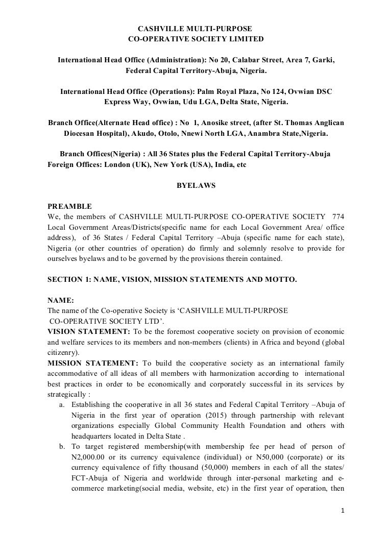 NEWEST CONSTITUTION OF CASHVILLE MULTIPURPOSE COOPERATIVE SOCIETY LI…