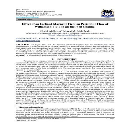 Effect of an Inclined Magnetic Field on Peristaltic Flow of Williamson Fluid ...