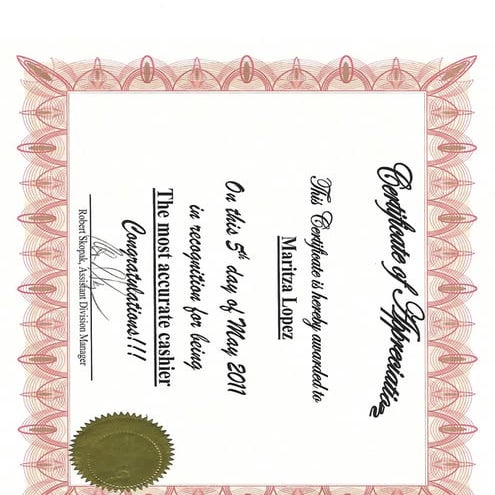 Certificate Accurate Cashier