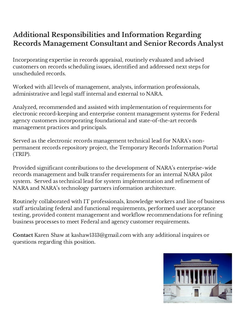 Records Management Consultant, Senior Records Analyst