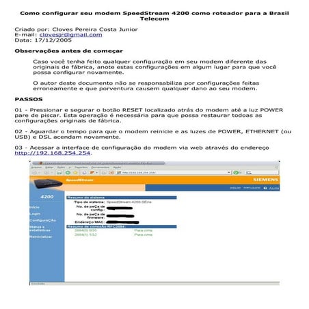 Manual de configuração modem speed stream 4200 | PDF