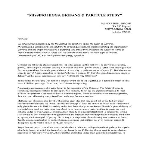 “MISSING HIGGS BIGBANG & PARTICLE STUDY”