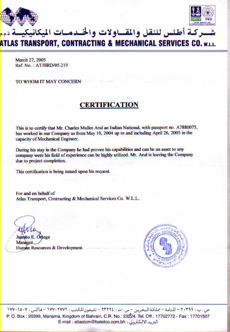 performance contract letter & Contracting Employment Mechanical Certificate Atlas Services