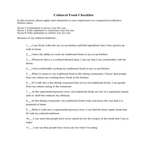Cultural Food Checklist