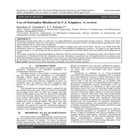 Use of Jatropha Biodiesel in C.I. Engines- A review