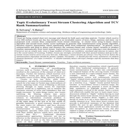 Topic Evolutionary Tweet Stream Clustering Algorithm and TCV Rank Summarization
