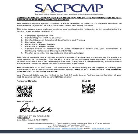 Francois Earle - SACPCMP - Registration Letter