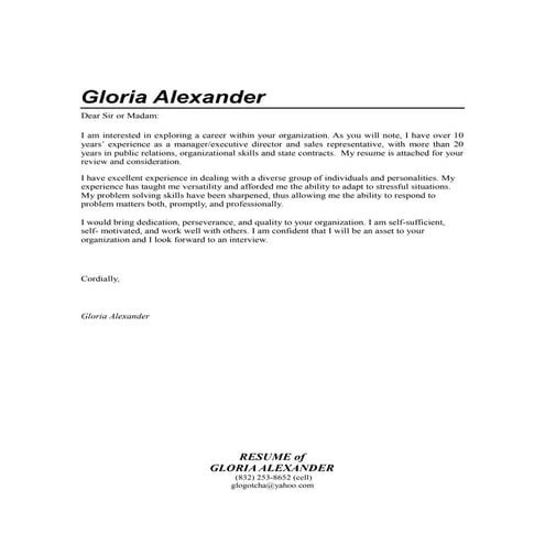 GLORIAALEXANDERRESUME  sales resume