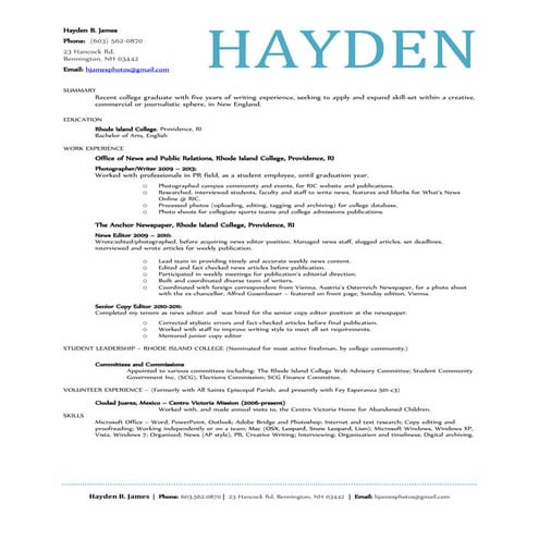 Haydens resume as of Jan 2015 | PDF