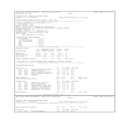 PenningUnofficialTranscript