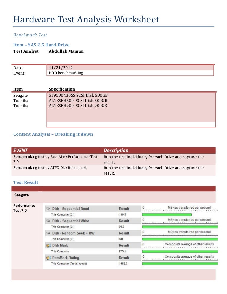 Hardware Test Analysis Worksheet HDD BenchmarkSAS