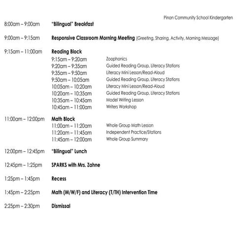 Kindergarten Proposed Schedule