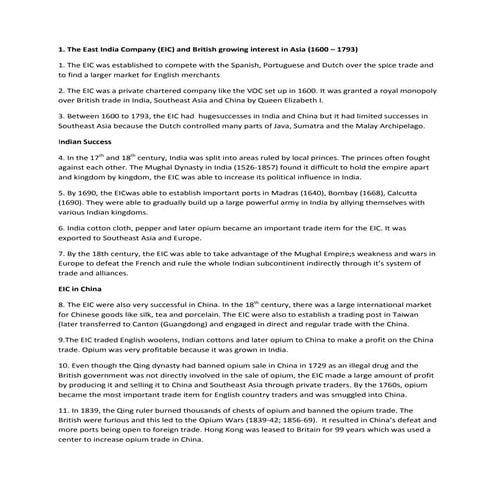 The Rise of Singapore as a British Trading settlement (notes)