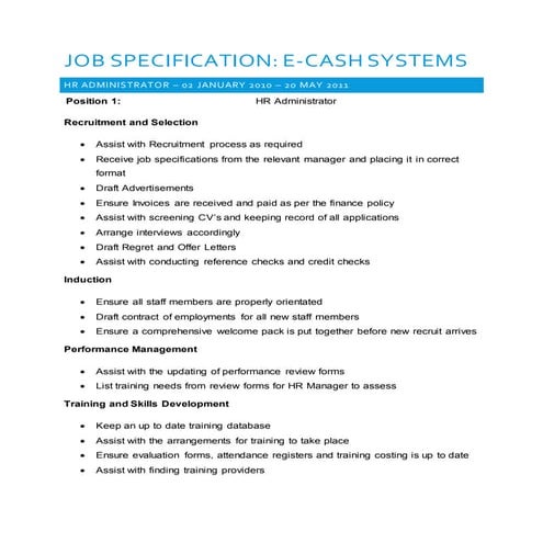 JOB SPECIFICATION - E-CASH SYSTEMS