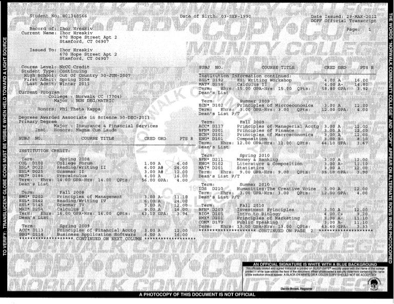 Norwalk Community College official transcript
