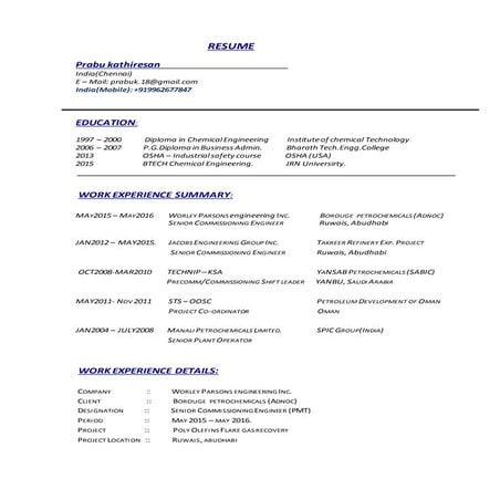 Process & Commissioning Resume | DOCX