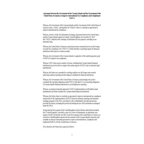Cayman Islands IGA (Model 1 Intergovernmental Agreement) FATCA